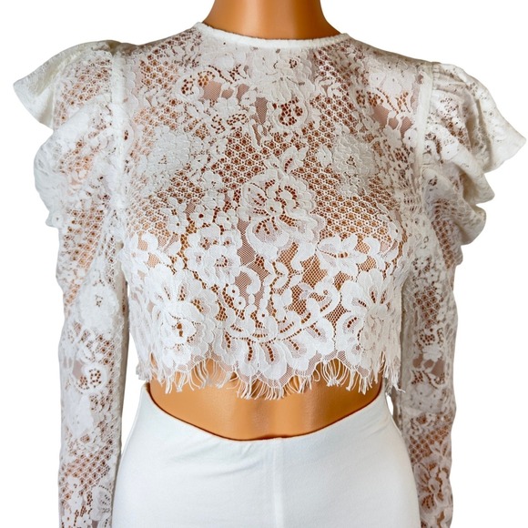naked wardrobe Tops - Naked Wardrobe The Statement White Lace Crop Top Puff Sleeve NWSP20-121 Small
